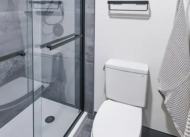Shower with dark-framed sliding glass door, gray wood-look wall tile and a low white shower base